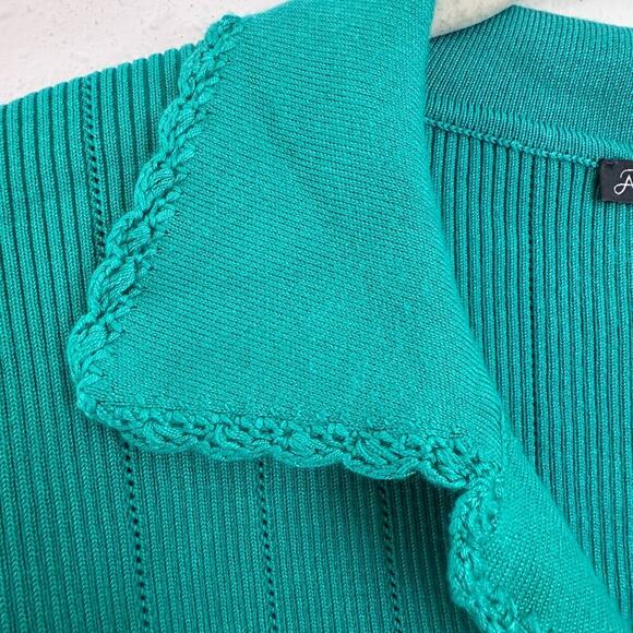 Adrianna Papell Rib Cable Short Sleeve Collar Sweater, Green, Size Medium - Picture 7 of 8